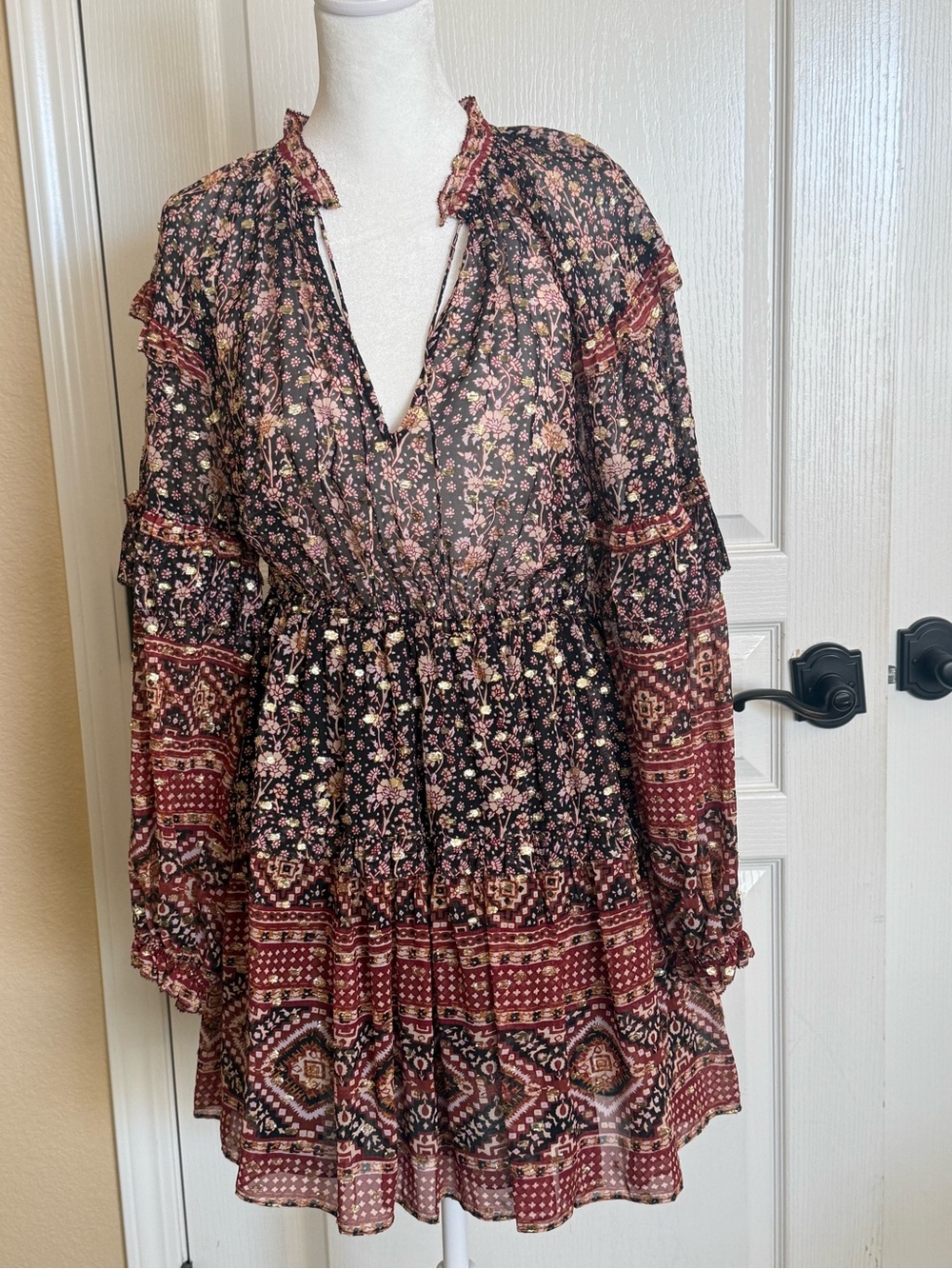 Ulla Johnson Black and Rust/Brown Mixed-Print Midi Dress